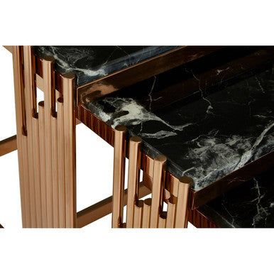 Black Marble Tops Square Nest of 3 Tables with Reflective Rose Gold Metal Frame | Alvaro