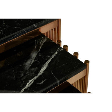 Black Marble Tops Square Nest of 3 Tables with Reflective Rose Gold Metal Frame | Alvaro