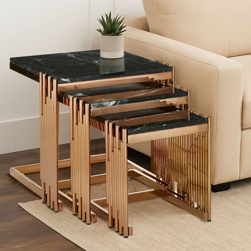 Black Marble Tops Square Nest of 3 Tables with Reflective Rose Gold Metal Frame | Alvaro