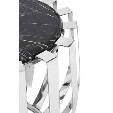 Black Marble Top Side Table Chrome Stainless Steel Barrel Frame | Alvaro