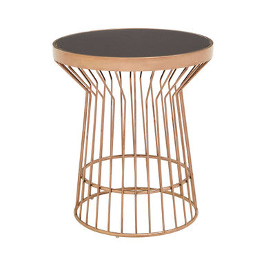Boutique Style Copper Finish Round Side Table Black Glass Top | Alvaro