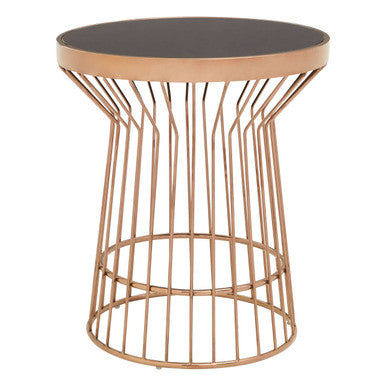 Boutique Style Copper Finish Round Side Table Black Glass Top | Alvaro