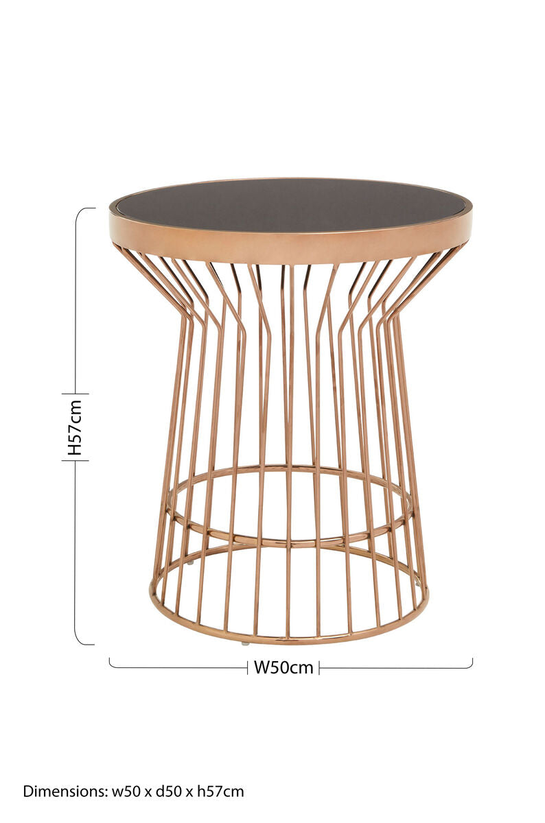 Boutique Style Copper Finish Round Side Table Black Glass Top | Alvaro