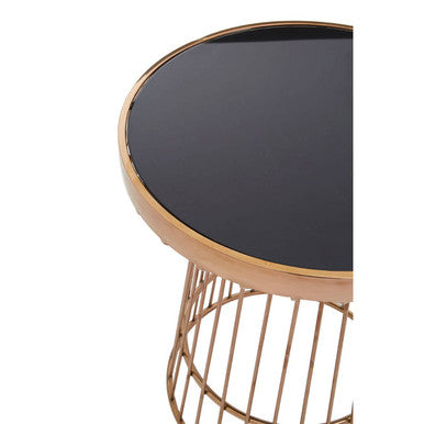 Boutique Style Copper Finish Round Side Table Black Glass Top | Alvaro