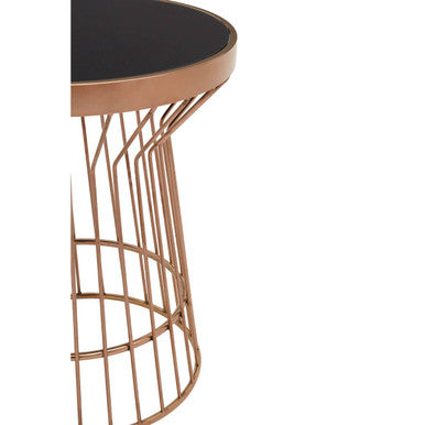 Boutique Style Copper Finish Round Side Table Black Glass Top | Alvaro