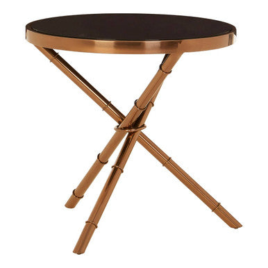 Black Glass Top Round Side Table with Rose Gold Iron Legs Ring Detail | Alvaro