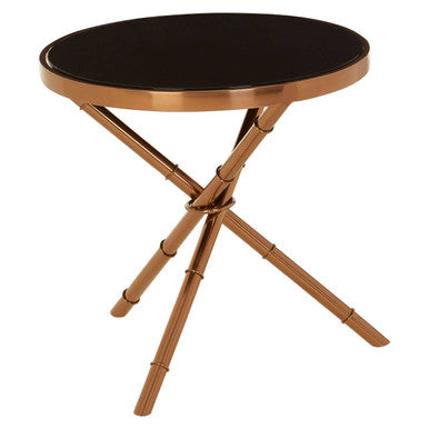 Black Glass Top Round Side Table with Rose Gold Iron Legs Ring Detail | Alvaro