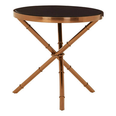 Black Glass Top Round Side Table with Rose Gold Iron Legs Ring Detail | Alvaro