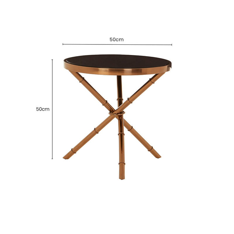 Black Glass Top Round Side Table with Rose Gold Iron Legs Ring Detail | Alvaro