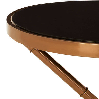 Black Glass Top Round Side Table with Rose Gold Iron Legs Ring Detail | Alvaro