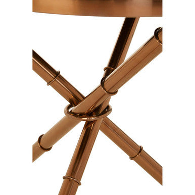Black Glass Top Round Side Table with Rose Gold Iron Legs Ring Detail | Alvaro