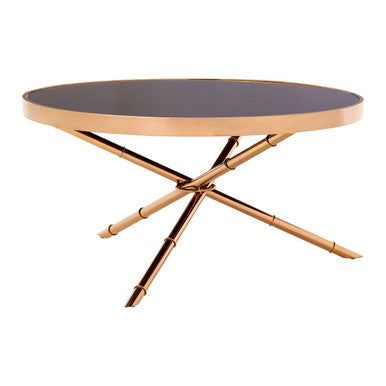 Black Glass Top Round Coffee Table with Rose Gold Iron Legs Ring Detail | Alvaro