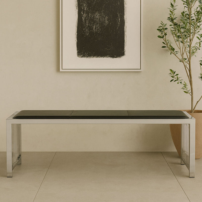 Black Leather Bench with Stainless Steel Frame | Novara