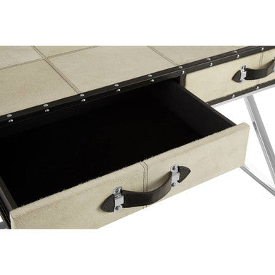 Hair-On-Leather Mango Wood Two-Drawer Console Table with Polished Stainless Steel Legs, Kensington Townhouse