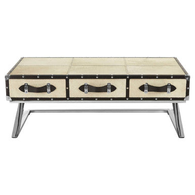 Mango Wood Three-Drawer Coffee Table with Leather Handles Black Trim and Stud Detailing, Kensington Townhouse
