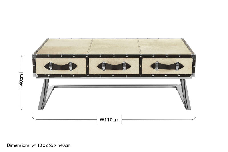 Mango Wood Three-Drawer Coffee Table with Leather Handles Black Trim and Stud Detailing, Kensington Townhouse