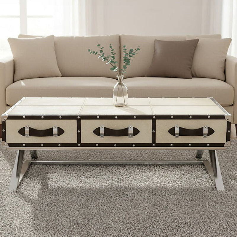 Mango Wood Three-Drawer Coffee Table with Leather Handles Black Trim and Stud Detailing, Kensington Townhouse