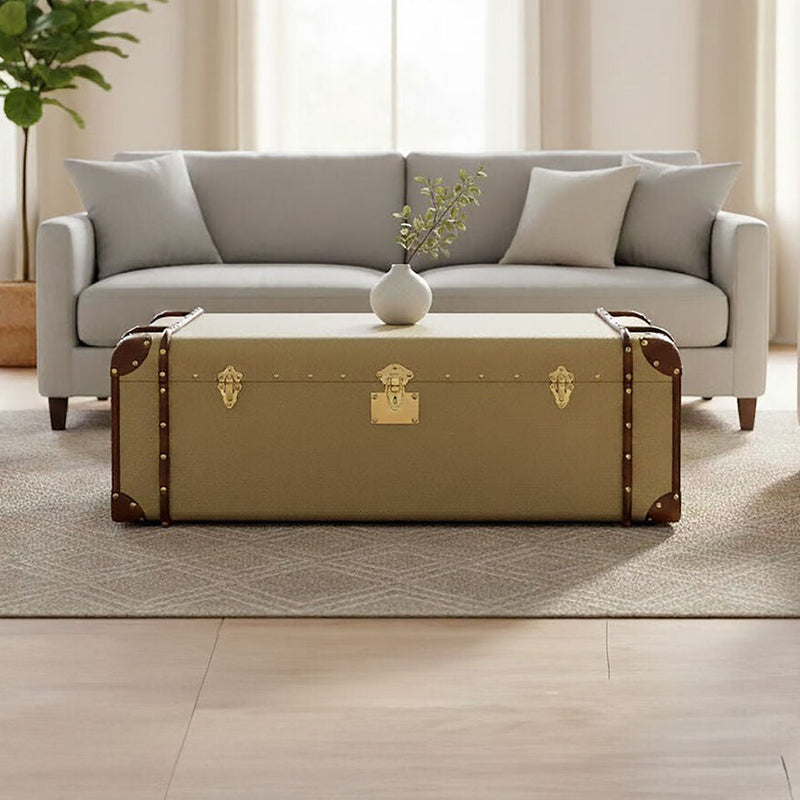 Mango Wood Canvas Trunk Coffee Table with Genuine Leather Detail | Columbus