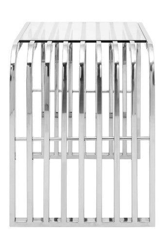 Silver Slatted End Table with Tempered Clear Glass | Vogue