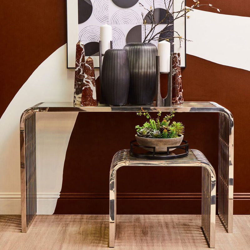 Silver Slatted End Table with Tempered Clear Glass | Vogue