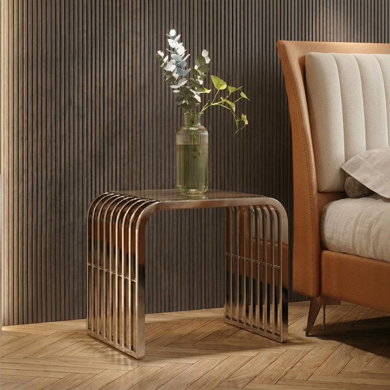 Silver Slatted End Table with Tempered Clear Glass | Vogue