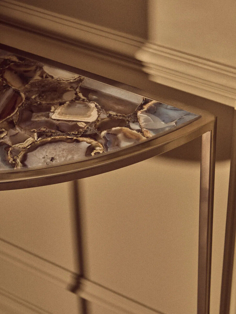 Black Agate Top Half Moon Console Table in Gold Coloured Steel Frame | Vita