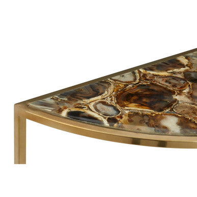 Black Agate Top Half Moon Console Table in Gold Coloured Steel Frame | Vita