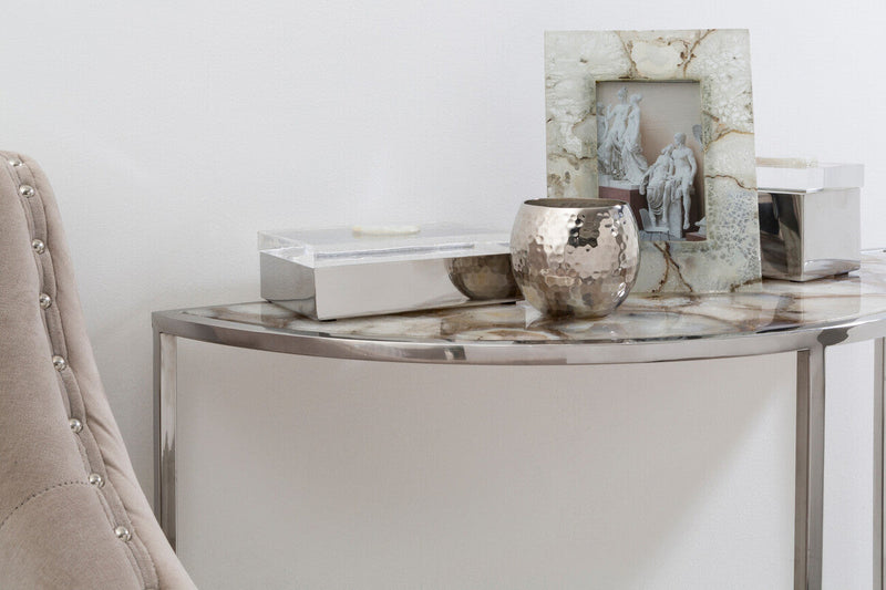 Half Moon Console Table with White Agate Stone Top and Silver Steel Frame | Vita