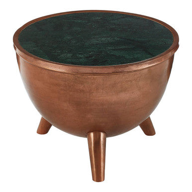 Copper Metallic Finish Coffee Table with Natural Green Marble Top and Tapered Legs | Crest