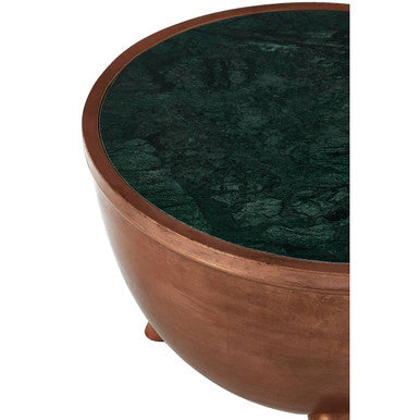 Copper Metallic Finish Coffee Table with Natural Green Marble Top and Tapered Legs | Crest
