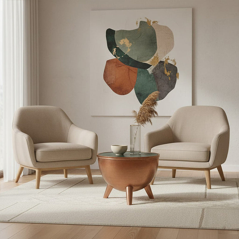 Copper Metallic Finish Coffee Table with Natural Green Marble Top and Tapered Legs | Crest