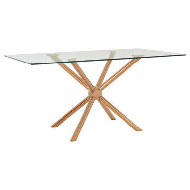 Clear Tempered Glass Top Dining Table with Rose Gold Metallic Sphere Base | Novo