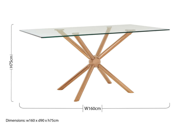 Clear Tempered Glass Top Dining Table with Rose Gold Metallic Sphere Base | Novo