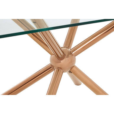 Clear Tempered Glass Top Dining Table with Rose Gold Metallic Sphere Base | Novo