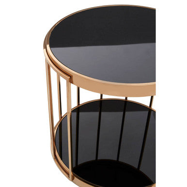 Rose Gold Steel Cage Design Frame Side Table with Tempered Black Glass | Novo