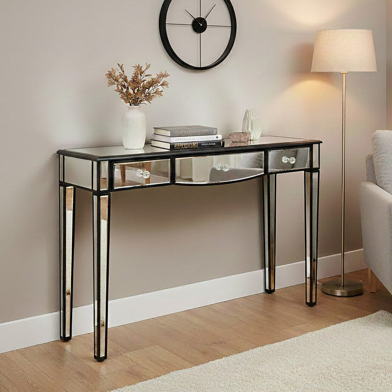 Mirrored White Wooden 3-Drawer Console Table with Black Trim Frame | Graciela