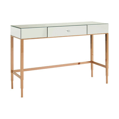 Rose Gold Console Table with Mirrored Glass Top and Drawer | Goldie