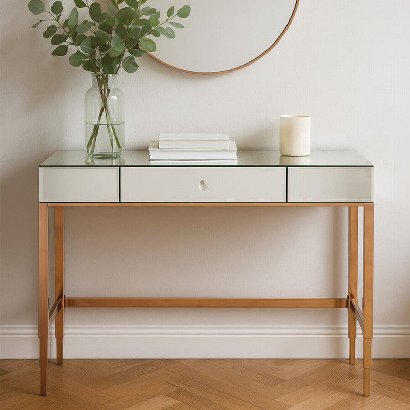 Rose Gold Console Table with Mirrored Glass Top and Drawer | Goldie