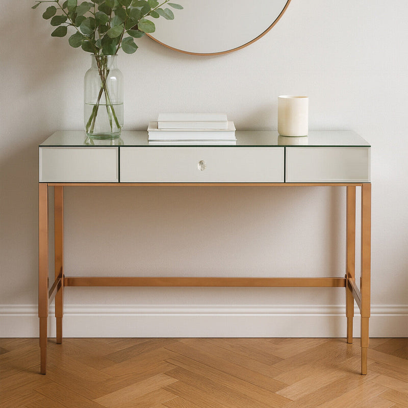 Rose Gold Console Table with Mirrored Glass Top and Drawer | Goldie
