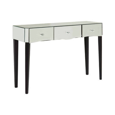 Mirrored Console Table with Black Finish Wooden Legs and Crystal Drawer Knobs | Gabriella