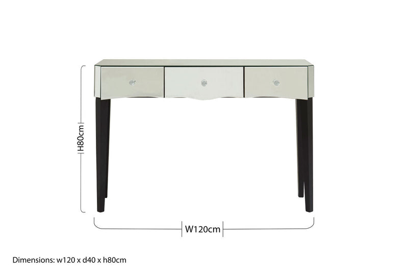 Mirrored Console Table with Black Finish Wooden Legs and Crystal Drawer Knobs | Gabriella