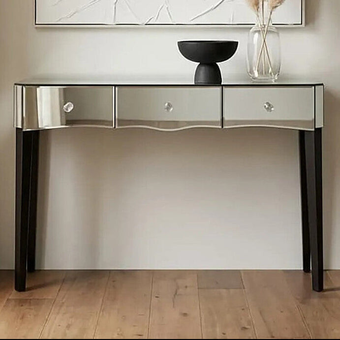 Mirrored Console Table with Black Finish Wooden Legs and Crystal Drawer Knobs | Gabriella