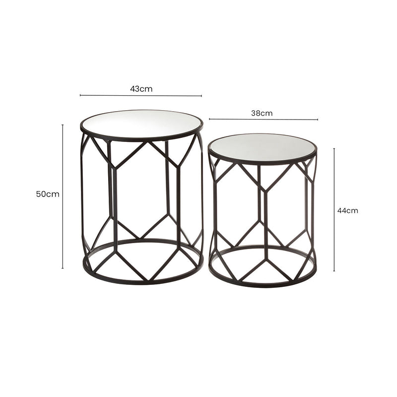 Set of 2 Black Geometric Metal Side Tables with Mirrored Glass Tops | Avantis