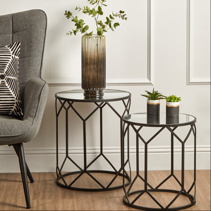 Set of 2 Black Geometric Metal Side Tables with Mirrored Glass Tops | Avantis