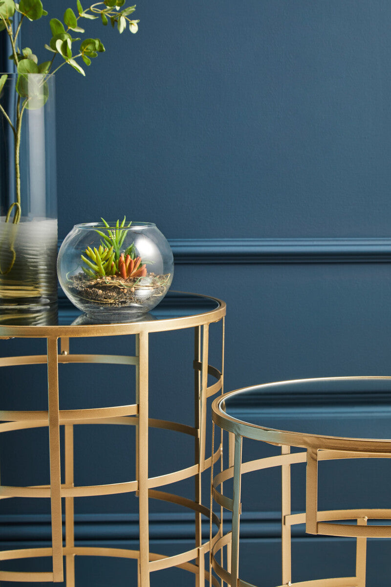 Set of 2 Gold Champagne Finish Art Deco Metal Base Side Tables with Mirrored Glass Tops | Avantis