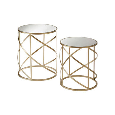 Set of 2 Gold Champagne Finish Flowing Swirl Metal Frame Side Tables with Mirrored Glass Tops | Avantis