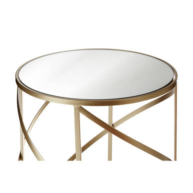 Set of 2 Gold Champagne Finish Flowing Swirl Metal Frame Side Tables with Mirrored Glass Tops | Avantis