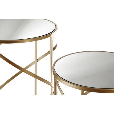 Set of 2 Gold Champagne Finish Flowing Swirl Metal Frame Side Tables with Mirrored Glass Tops | Avantis