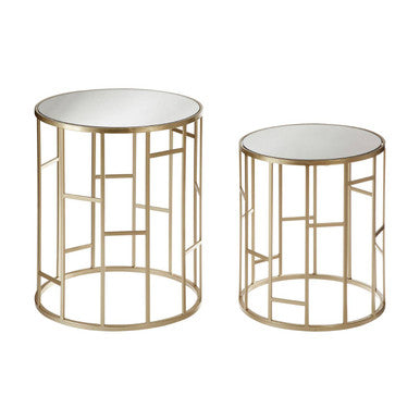 Set of 2 Gold Champagne Finish Asymmetric Round Side Tables with Mirrored Glass Tops | Avantis