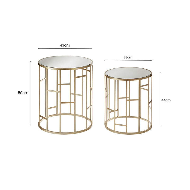Set of 2 Gold Champagne Finish Asymmetric Round Side Tables with Mirrored Glass Tops | Avantis